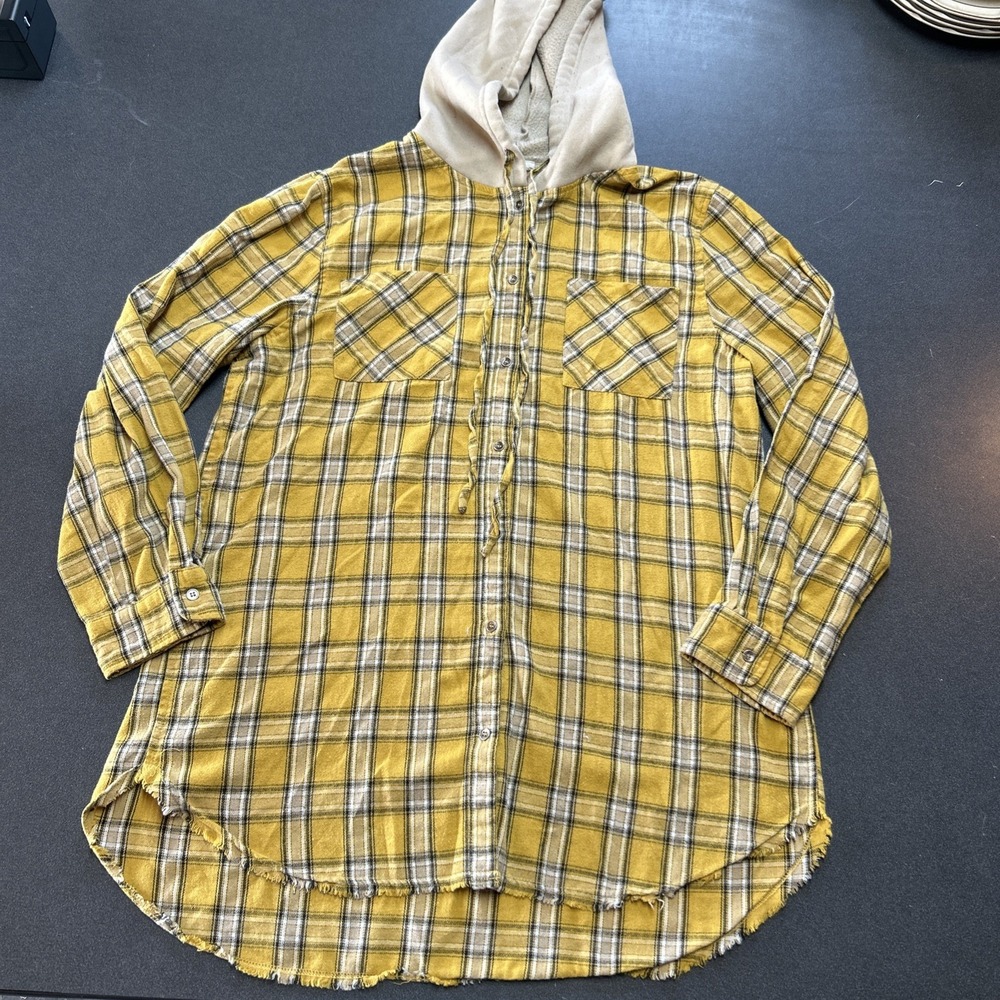 La Miel Plaid Flannel Button Up Shirt L Yellow Beige Hooded Shacket Grunge 90s